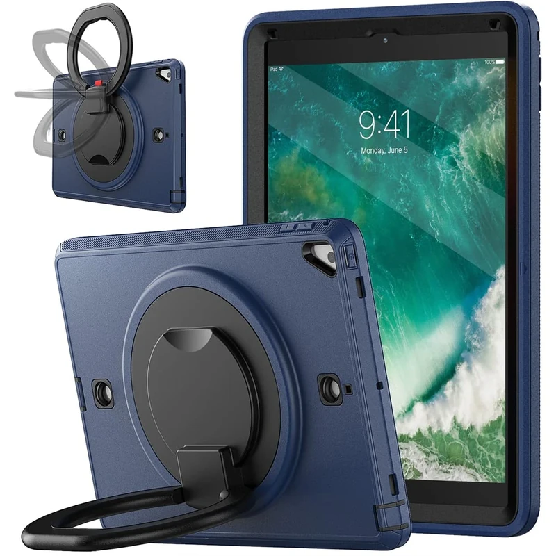 Case for iPad 10.2 9th/8th/7th gen 2021/2020/2019 with 360 degrees rotatable kickstand, Fashion Shockproof Case with Pencil Holder and Hand Strap Navy blue