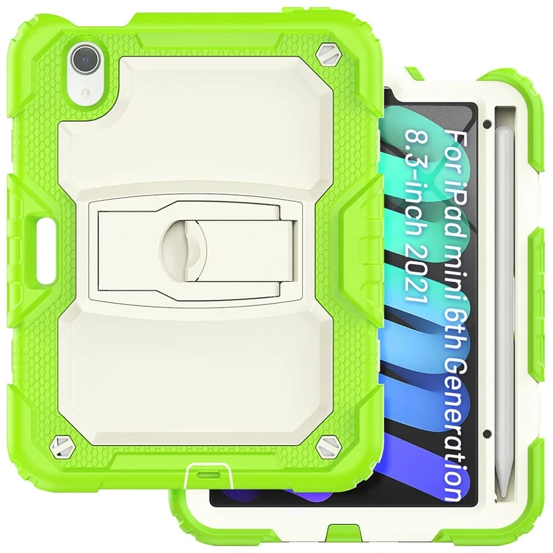 Case Suitable for iPad Mini 6th Generation 8.3 Inch 2021 with Invisible Folding Stand, Heavy Duty Rugged Shockproof Protective Case with Pencil Holder, Beige Green