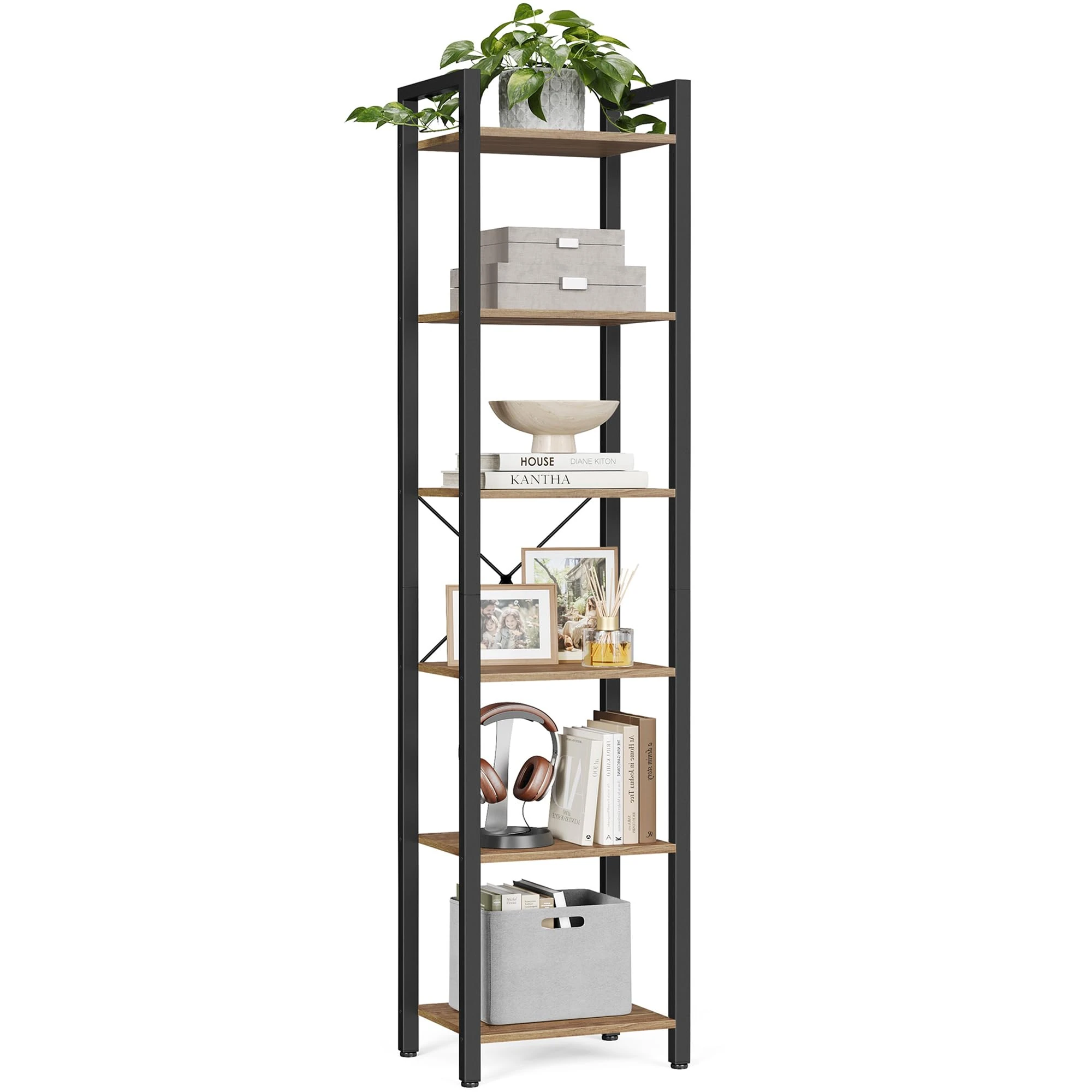 VASAGLE 6-Tier Bookshelf, Bookcase, Shelving Unit, for Office, Study, Living Room, Bedroom, 30 x 40 x 187.5 cm, Industrial, Wheat Brown and Ink Black LLS101B48