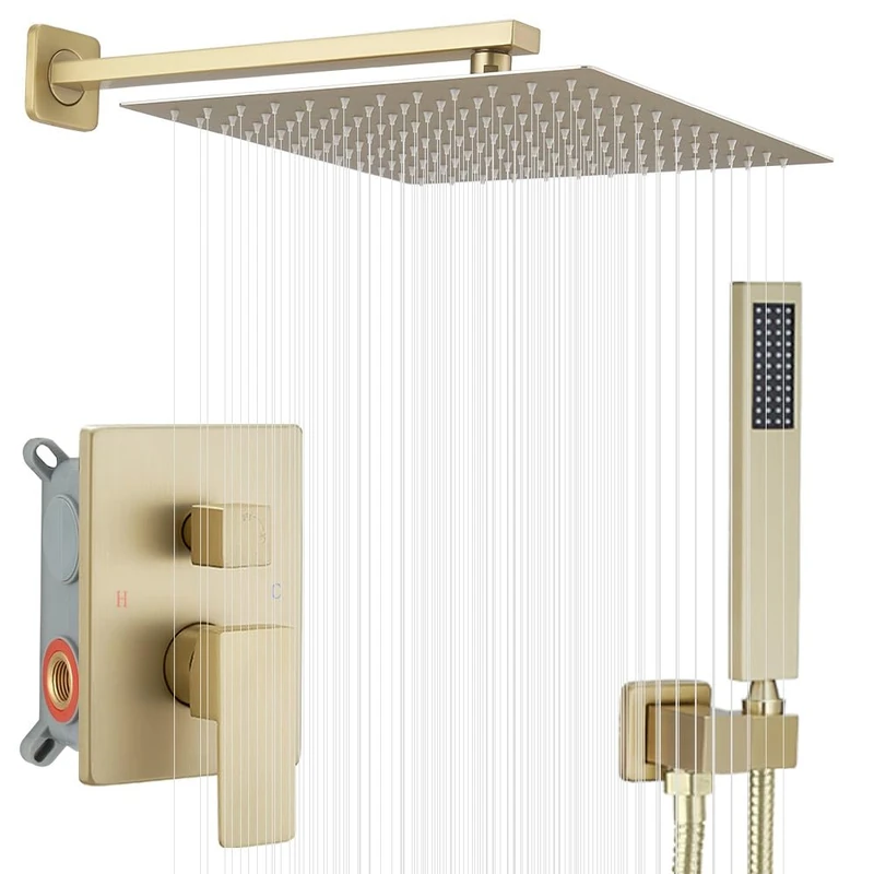 JingGang Brushed Gold Shower System 12 Inch Bathroom Luxury Rain Mixer Shower Combo Set Wall Mounted Rain Shower Head and Hand System Shower Tap Set Coarse Valve Body and Trim