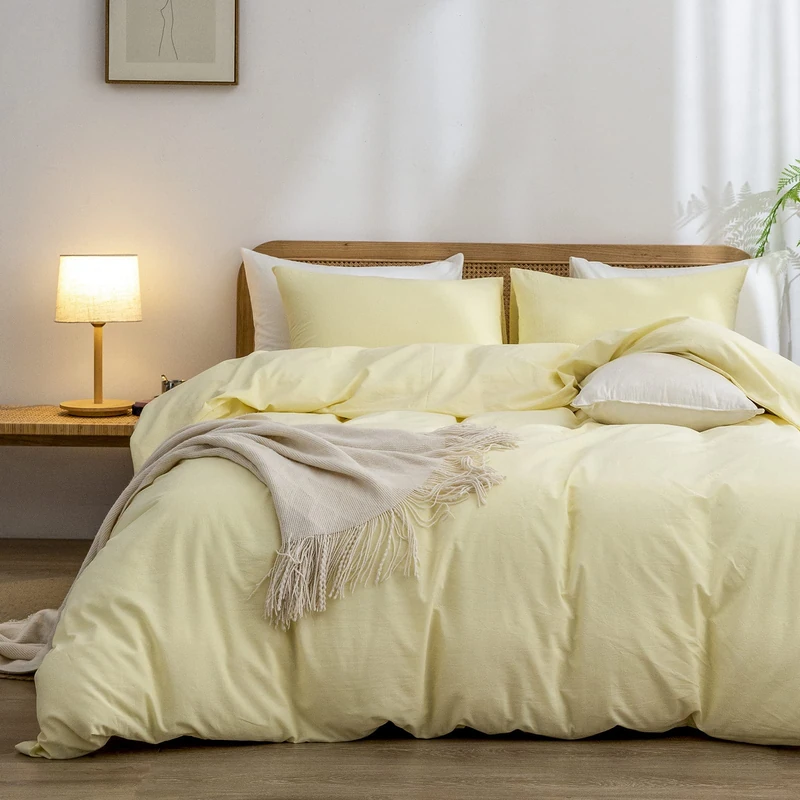 BESTOUCH Duvet Cover Set 100% Washed Cotton Linen Feel Super Soft Comfortable Chic Lightweight 3 PCs Home Bedding Set Solid Light Yellow Full/Double