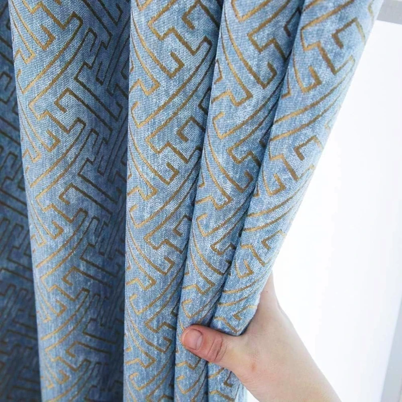 MYRU 1 Pari Chenille Curtains Semi Blackout Geometric Modern Curtains for Living Room Bedroom 2 Panels Set (2 x 52 x 90 Inch,Blue and Gold) - Image 1