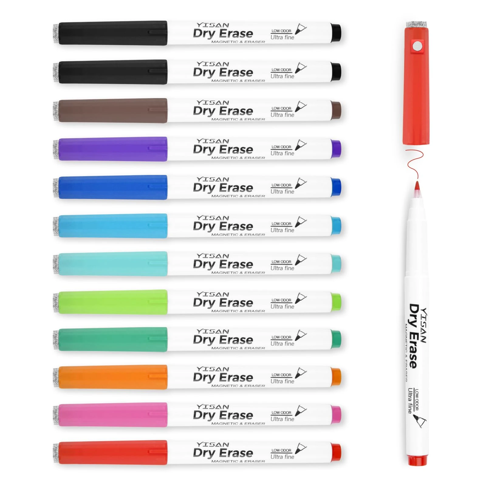 YISAN Magnetic Whiteboard Pens with Eraser,Dry Wipe Markers Ultra Fine Tip, 0.7mm Extra Fine Whiteboard Markers,12 Colors Low Odor,70559…