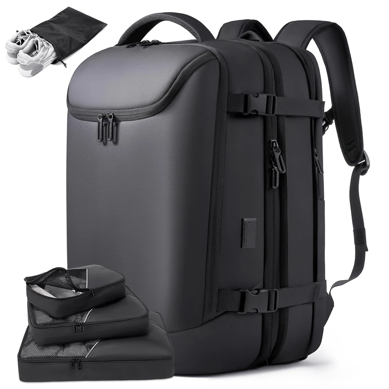 TANGCORLE 50L Carry on Travel Backpack, Expandable Airline Approved Backpacks with 3 Packing Cubes Fit 17.3 inch Laptop Suitcase backpack for Men Women(Black)