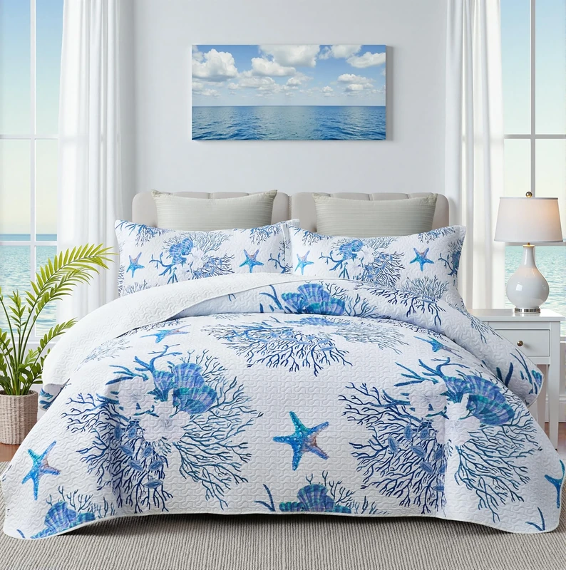 weesire Coastal King Size Quilt with 2 Shams, Nautical Comforter Sets, Ocean Bedspreads Blue Starfish Coverlet Summer Bedding, 96''x106''