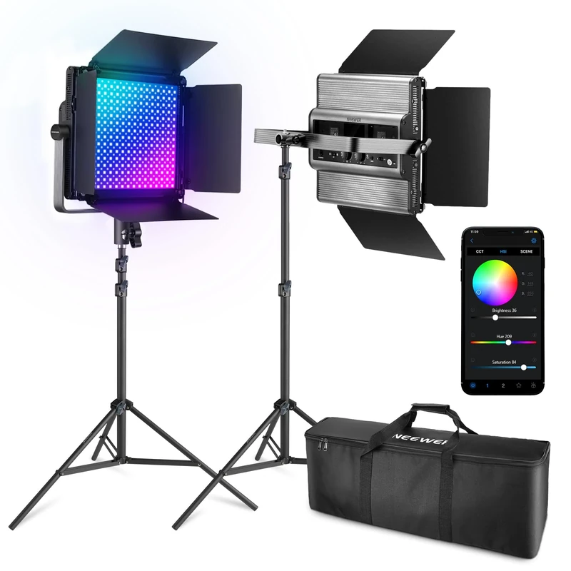 NEEWER 2 Pack RGB1200 LED Video Light with APP/2.4G Control, Key Lighting Kit with Tripod Stands & Bag for Streaming Recording Studio Photography, 60W/22000Lux/1% Min Dimming/360° RGB/CRI97+/TLCI98+