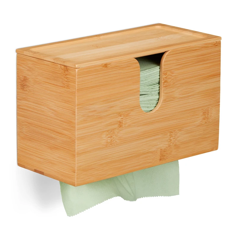 Relaxdays Bamboo Paper Towel Dispenser with Lid - H2 Size