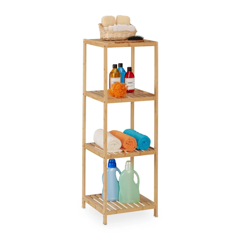 Relaxdays Bathroom Shelf, Bamboo, 4 Shelves, HxWxD: 116.5x38x39.5 cm, Freestanding Storage for Washroom & Kitchen, Wood - Image 1