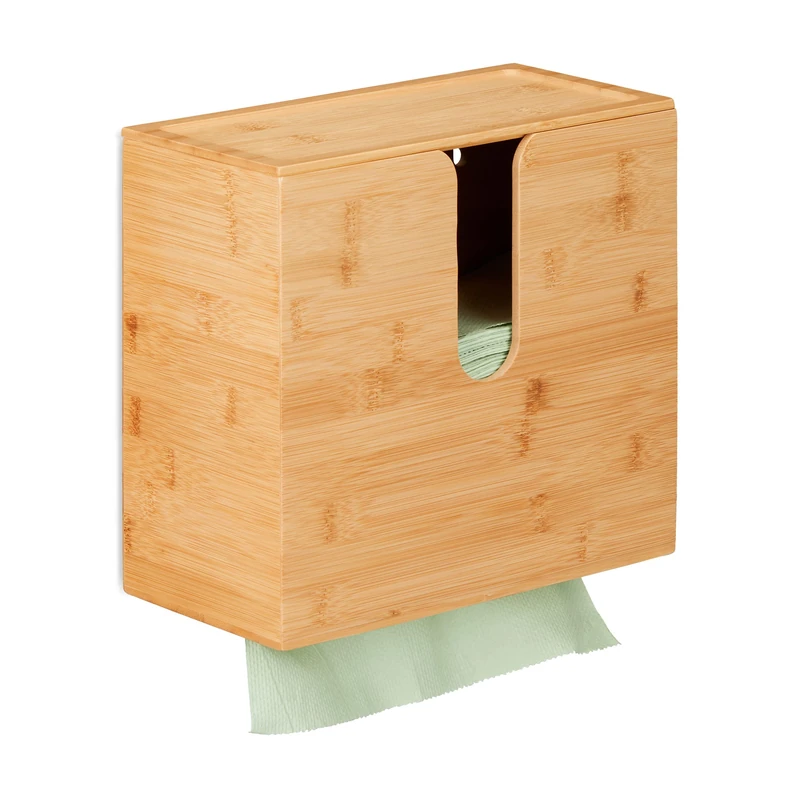 Relaxdays Bamboo Paper Towel Dispenser, with Lid, for H2, HxWxD 26x27x13 cm, Hanging, Wood