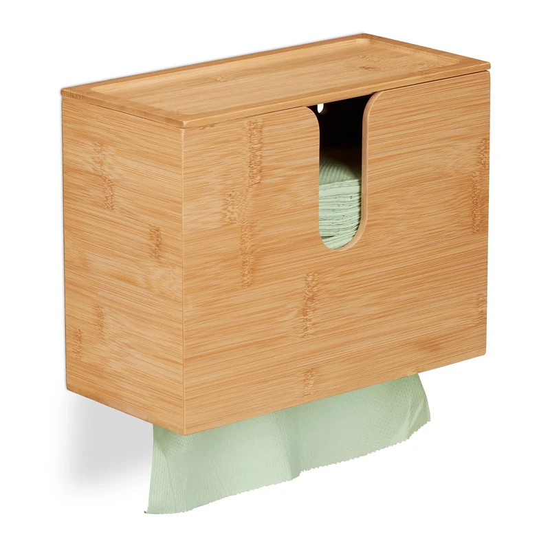 Relaxdays Paper Towel Dispenser, with Lid, for H2 Paper Towels, HxWxD 21x27x13 cm, Hanging, Bamboo