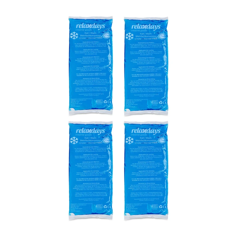 Relaxdays Pads, Set of 4, Cold-Warm, 12 x 29 cm, First Aid, Reusable Gel Cooling Compresses, Blue, 12x29 cm