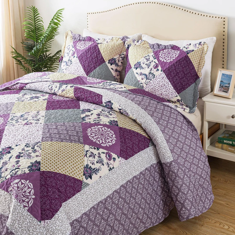 HoneiLife Queen Size Quilt Sets - 3 Pieces Queen Quilt Bedding Set Microfiber Quilt Set Lightweight Bedspreads Reversible Coverlets Retro Bed Cover Floral Bedding Set All Season Quilts-Beige & Purple