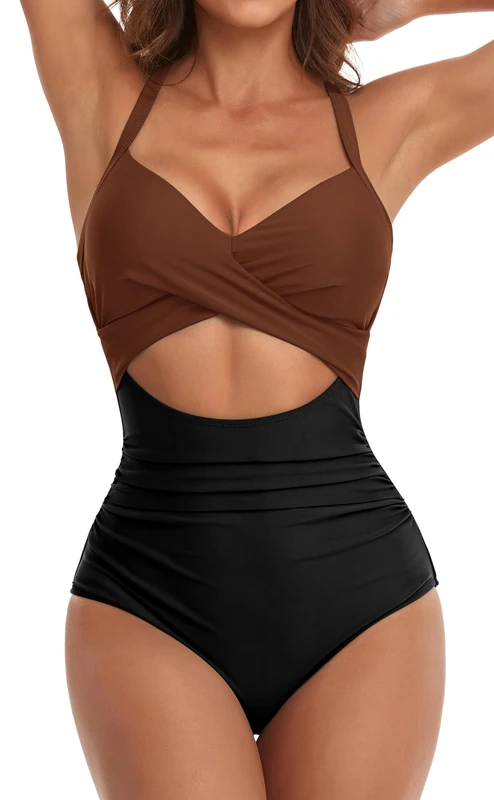 Eomenie Women's One Piece Swimsuits Tummy Control Cutout High Waisted Bathing Suit Wrap Tie Back 1 Piece Swimsuit, Caramel, Black, S