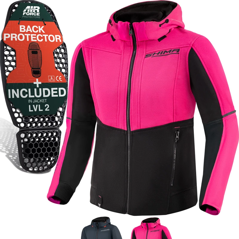 SHIMA DAYBREAKER LADY Motorcycle Hoodie for Women Armored Biker Hoodie Jacket FiberQL Aramid and Cooling layer, CE Back, Shoulder, Elbow Protectors, Zipper and Snap Closure (Black/Pink, M)