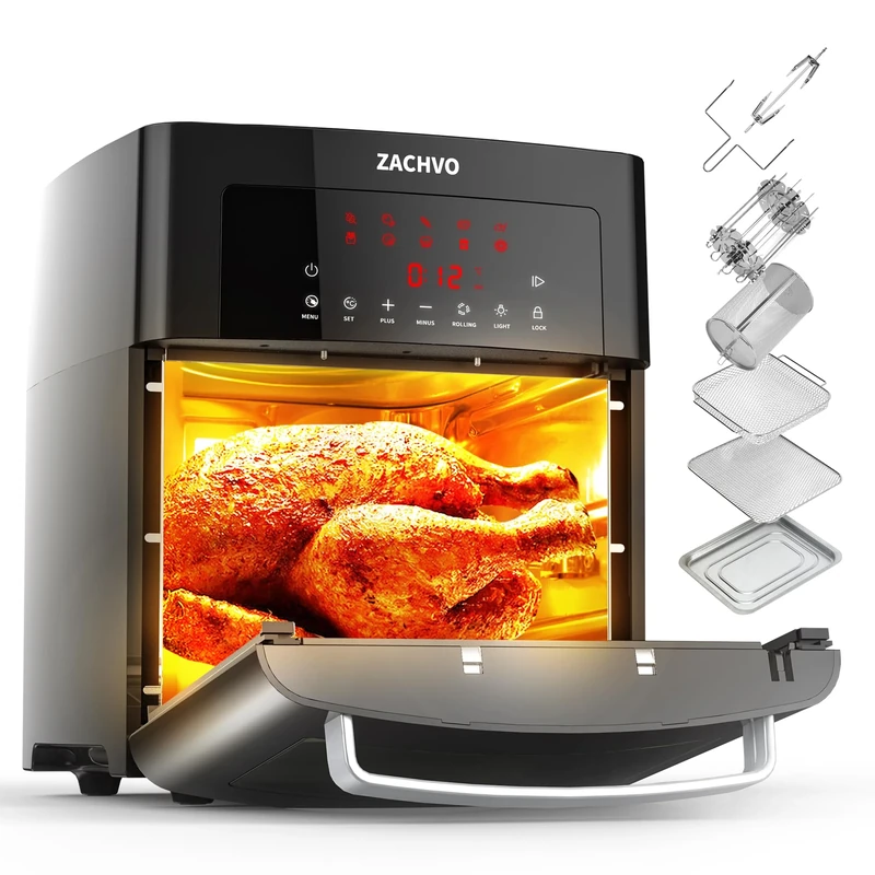 ZACHVO 15L Large Air Fryer Oven, 1700W Digital Air Fryer with Rotisserie, Touch Screen, Timer, Temperature Control up to 220℃, Convection Oven Electric Grill, 7 Accessory, Black