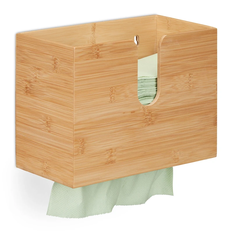 Relaxdays Paper Towel Dispenser, for H2 Tissue Boxes, HxWxD: 20x27x13 cm, Wall Mounted Holder, Bamboo, Natural