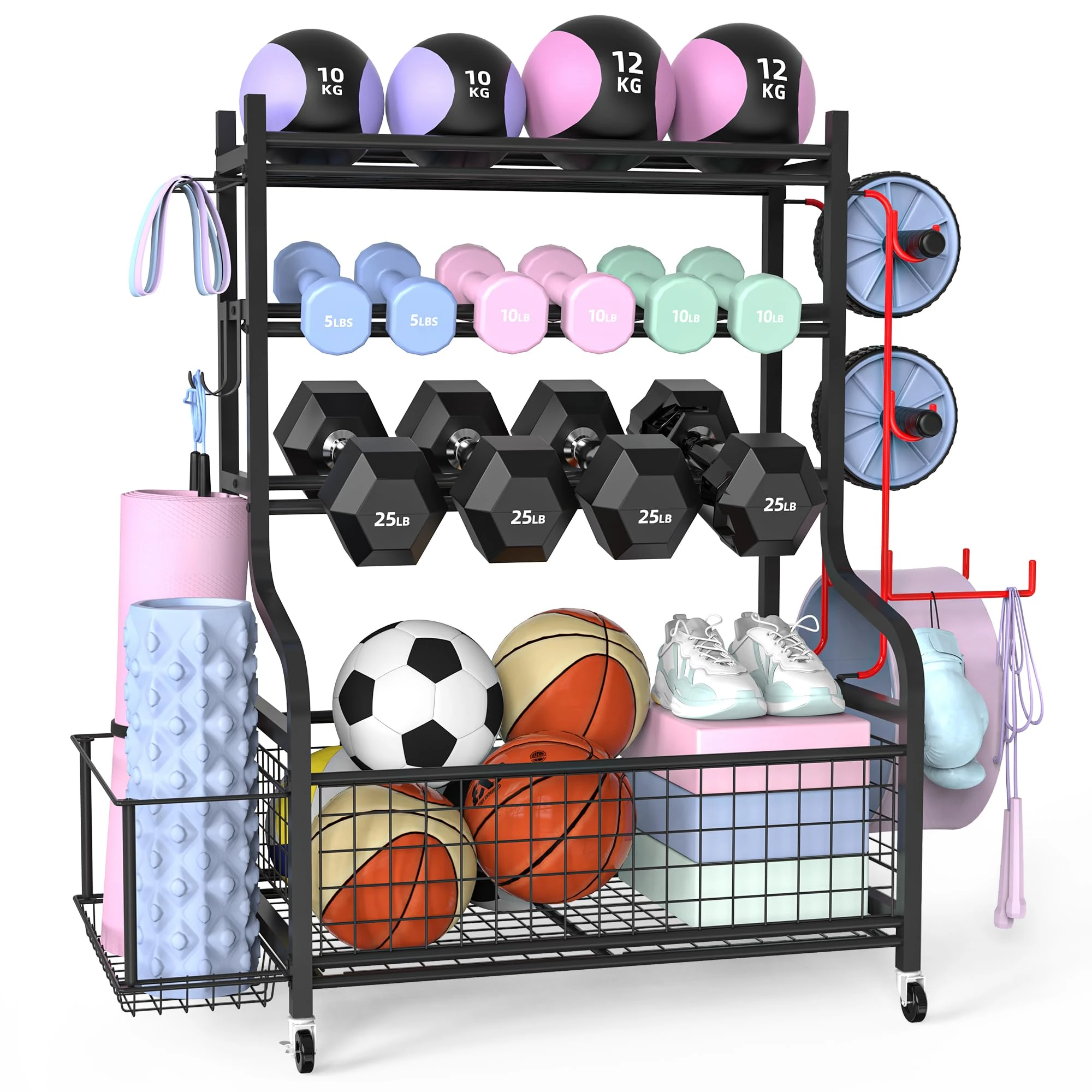 ZACHVO Dumbbell Rack - Home Gym Storage Weight Rack with 360° Wheels, 8 Hooks, Yoga Mat & Equipment Storage, Space-Saving Fitness Organiser for Dumbbells, Kettlebells, Yoga Blocks & More