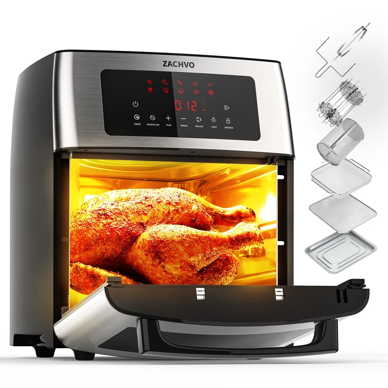 ZACHVO 15L Large Air Fryer Oven, 1700W Digital Air Fryer with Rotisserie, Touch Screen, Timer, Temperature Control up to 220℃, Convection Oven Electric Grill, 7 Accessory, Silver