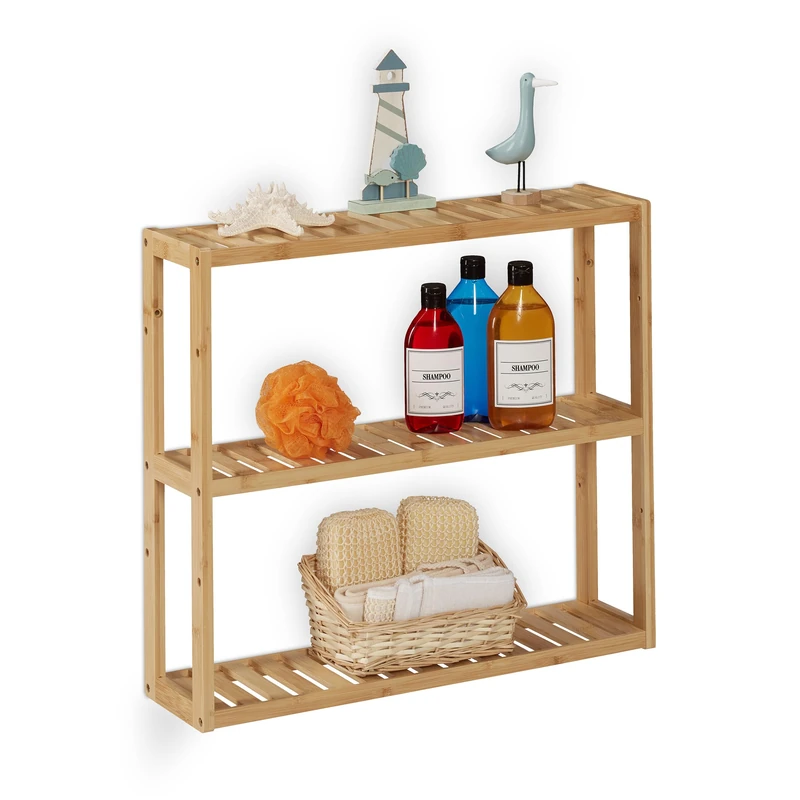 Relaxdays Bathroom Shelf, Bamboo, 3 Tiers, Height Adjustable, HxWxD: 54 x 60 x 15 cm, Kitchen, Narrow, Hanging, Wood