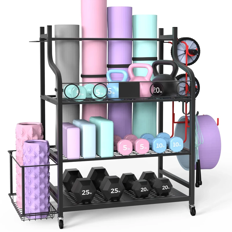 ZACHVO Dumbbell Rack - Home Gym Storage Weight Rack with 360° Wheels, 8 Hooks, Yoga Mat & Equipment Storage, Space-Saving Fitness Organiser for Dumbbells, Kettlebells, Yoga Blocks & More