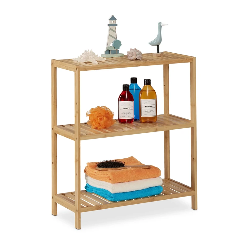 Relaxdays Bathroom Shelf, Bamboo, 3 Shelves, Adjustable, HxWxD: 69 x 60 x 26 cm, Kitchen, Narrow, Standing, Natural Wood, 69x60x26 cm