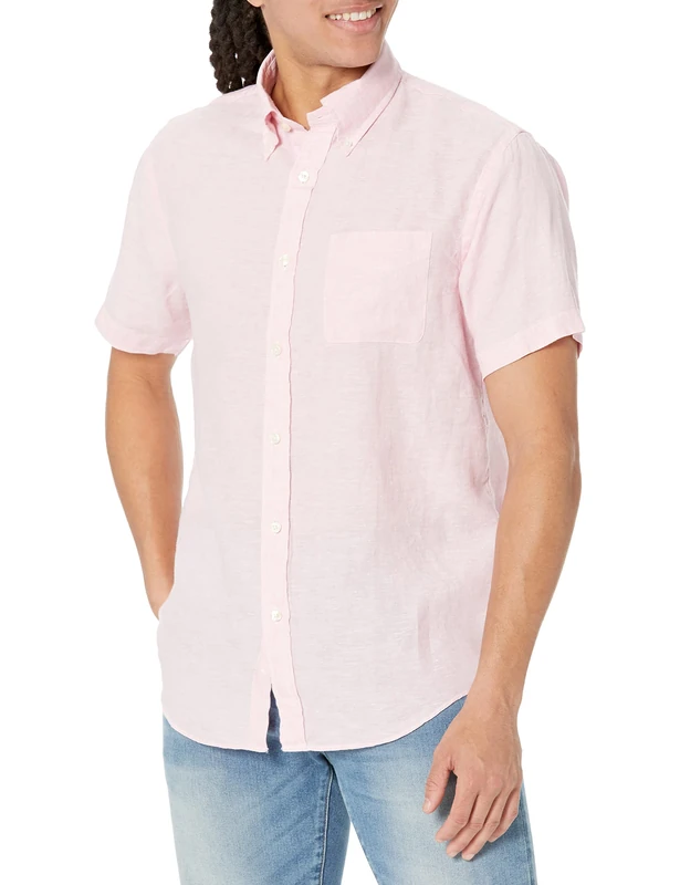 Brooks Brothers Men's Short Sleeve Button Down Linen Sport Shirt, Solid, Pale Pink, Large