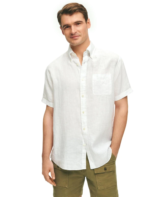 Brooks Brothers Men's Short Sleeve Button Down Linen Sport Shirt, Solid, White, Large