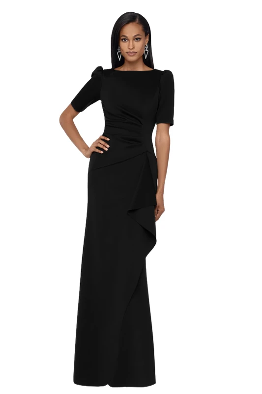 Xscape Women's 3/4 Sleeve Long Scuba Dress with Side Ruching, Black, 8