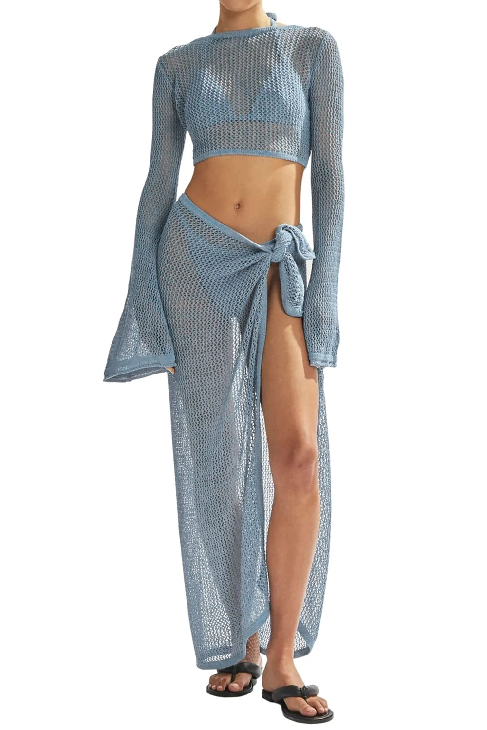 LANNEW Women's Swimsuits Cover Ups Set for Crochet Bathing Suit Hollow Out 2 Piece Bikini Coverup Beach Swimwear, Blue, Large