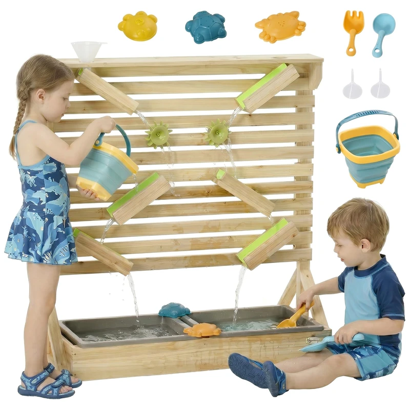 Outsunny Water Wall for Kids Outdoor Water and Sand Play Table with 18 Accessories, Wooden Outdoor Toys for Ages 3-7 Years