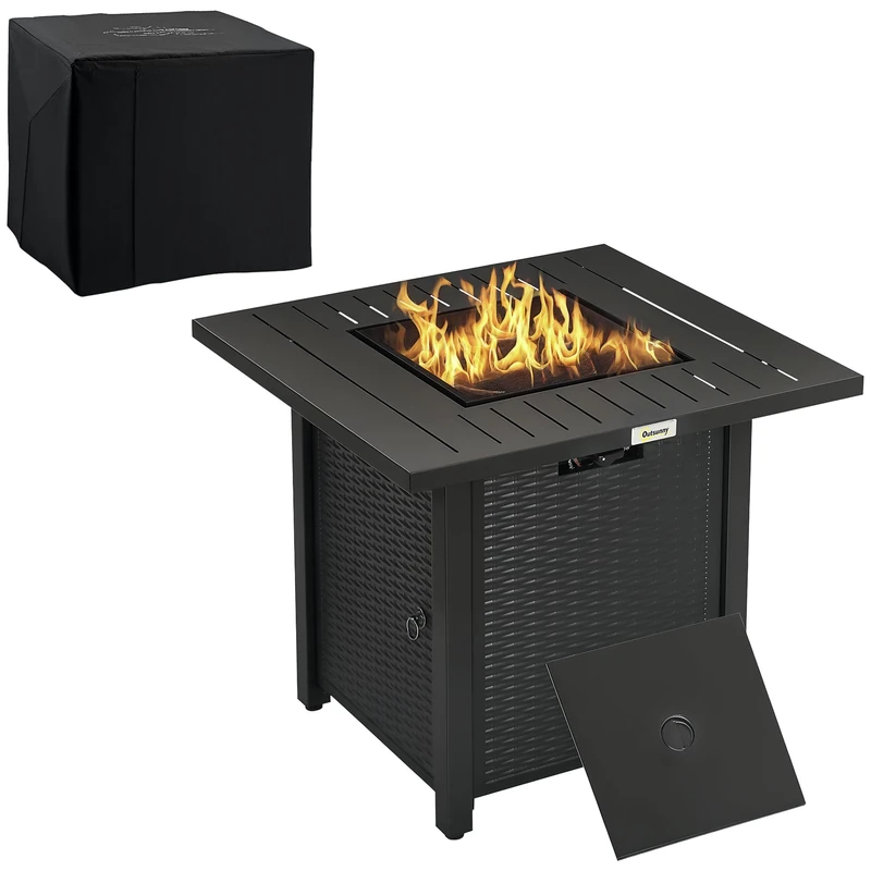 Outsunny Rattan-style Propane Gas Fire Pit Table with 40,000 BTU Burner, Square Smokeless Firepit Patio Heater with Thermocouple, Lava Rocks, Waterproof Cover, Spark Guard and Lid, Black