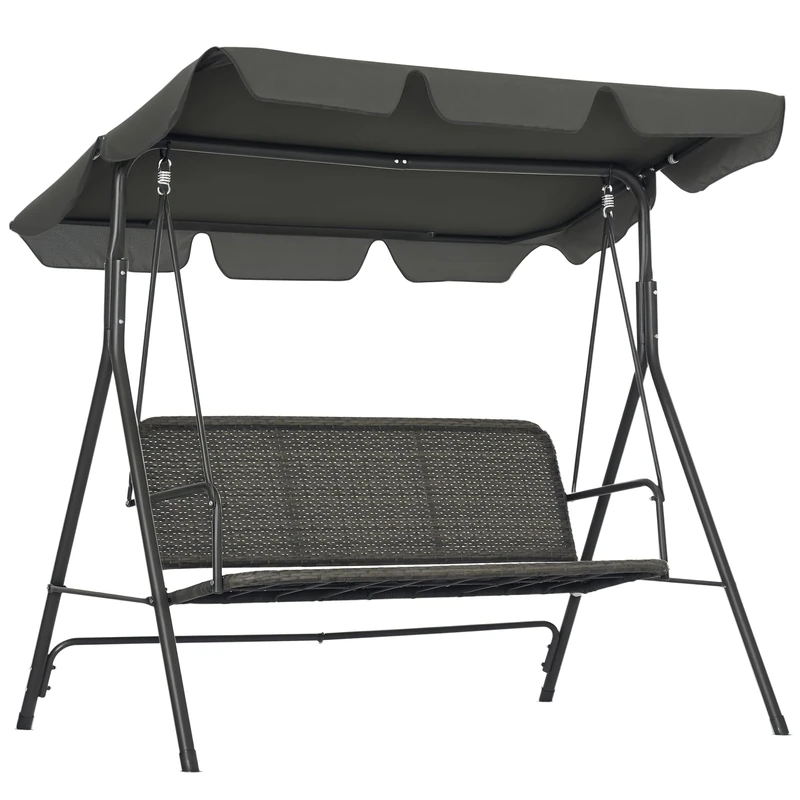 Outsunny 3-Seater Outdoor PE Rattan Swing Chair, Patio Wicker Hanging Swing Bench with Steel Frame Stand & Adjustable Canopy, Grey