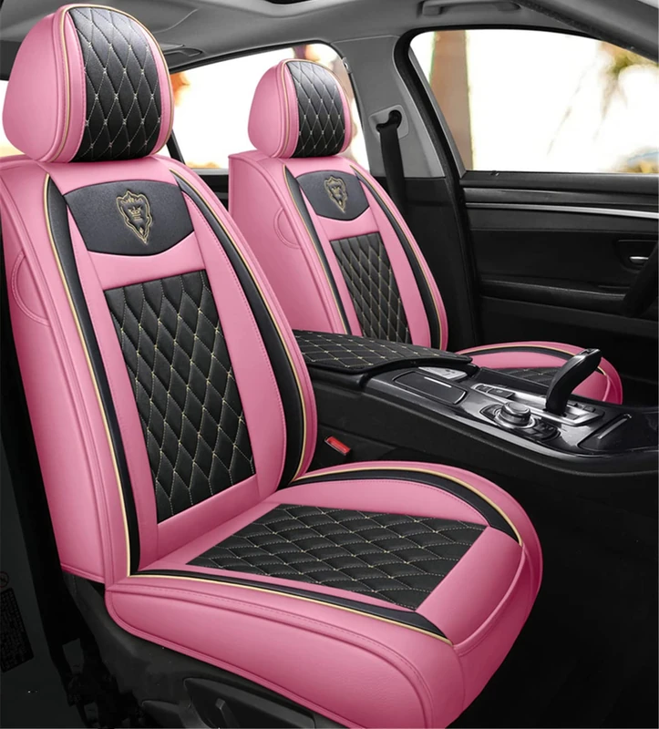 SanQing Front Seat Covers 2 Pieces, Super Luxurious Heavy Duty Waterproof Leather Automotive Vehicle Cover for Cars SUV Pick-up Truck, Universal Non-Slip Pink Car Accessories (2 PCS Front/Black Pink)