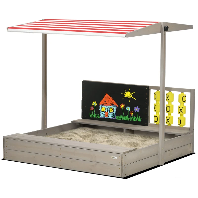 Outsunny Kids Wooden Sand Pit, Children Sandbox w/Non-Woven Fabric, Two Seats, Canopy, for Gardens, Playgrounds - Grey