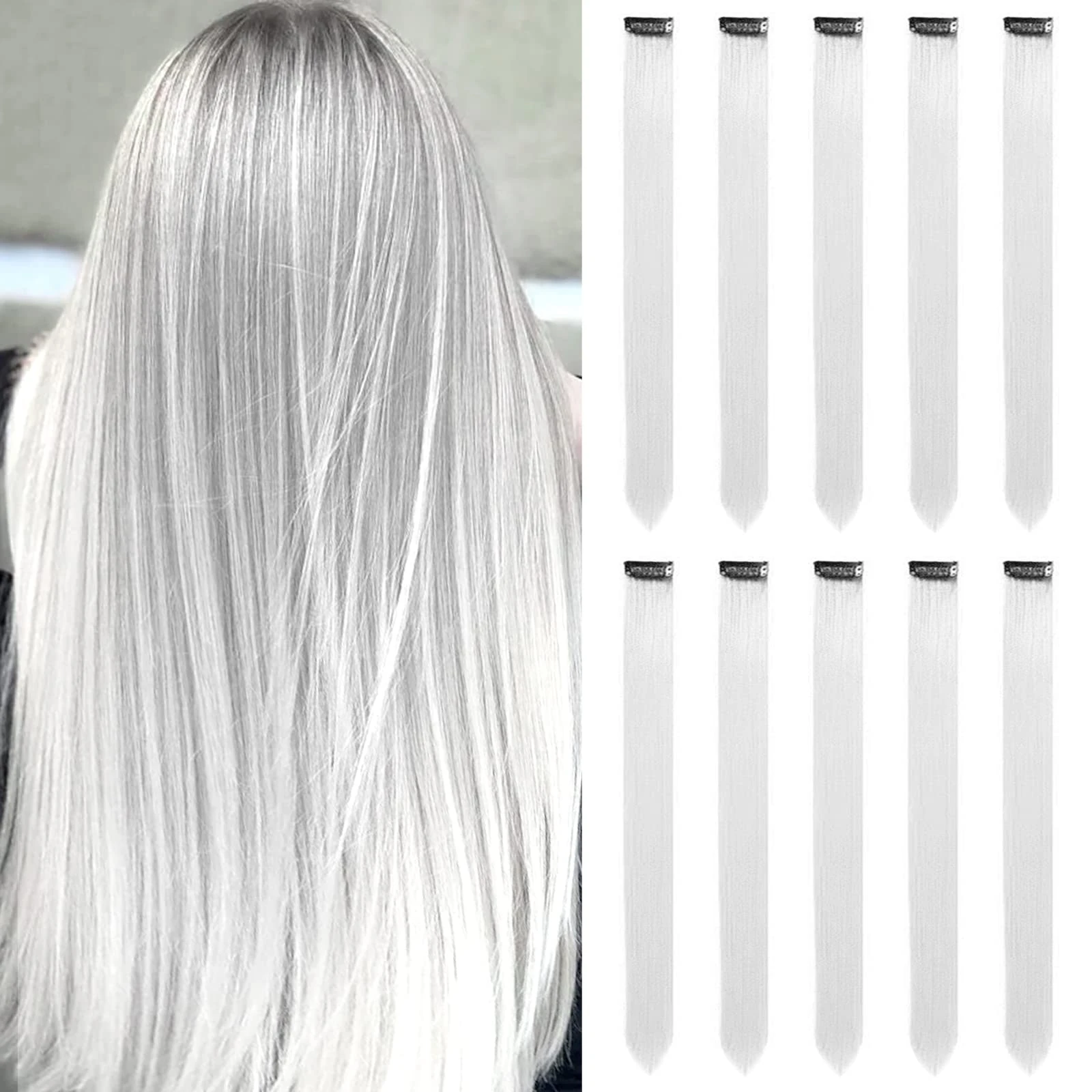 White Hair Extensions Clip In for Girls 22 Inch Colorful Straight Hair Extensions for Party Highlights Colored Hair Accessories Hair Pieces for Women（10 PCS White）