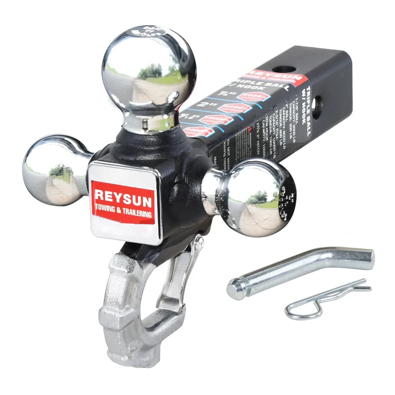 REYSUN Trailer Hitch Tri Ball Mount with Hook, Tactical Tow Hook, Fits 2 inch Hitch Receiver, Secure with Self-Lock Latch, Chrome Ball