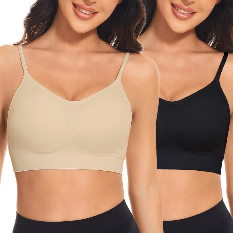SIMIYA Sports Bra for Women Super Comfort Bras Adjustable Strap Bralette Removable Pads Sleep Bras for Girls in Yoga Leisure Stretch Crop Tops Vest(L, Black+Beige)