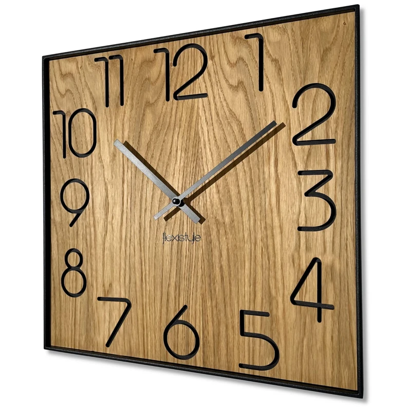 FLEXISTYLE Wooden Wall Clock Square Wood 40 cm Diameter No Ticking Noises Oak Black - Image 1