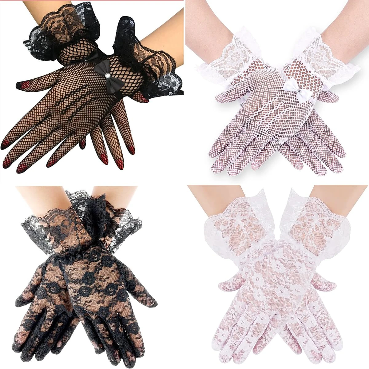 Asaisimg 4 Pairs Women Lace Gloves - White Black Elegant Tea Party Bridal Gloves, Mesh Vintage Floral Designs for Wedding, Party Costume Evening Opera Prom