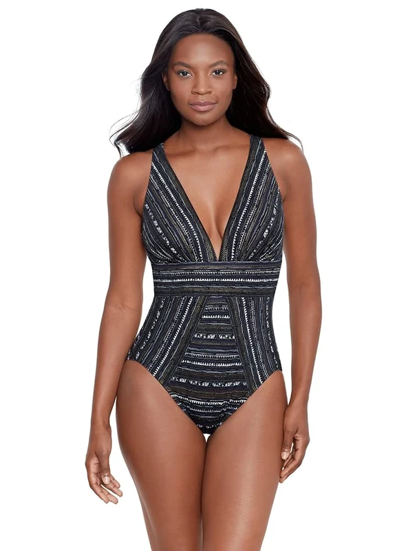 Miraclesuit Women's Swimwear No Static Odyssey Tummy Control Soft Cup One Piece Swimsuit, Black/Multi, 20