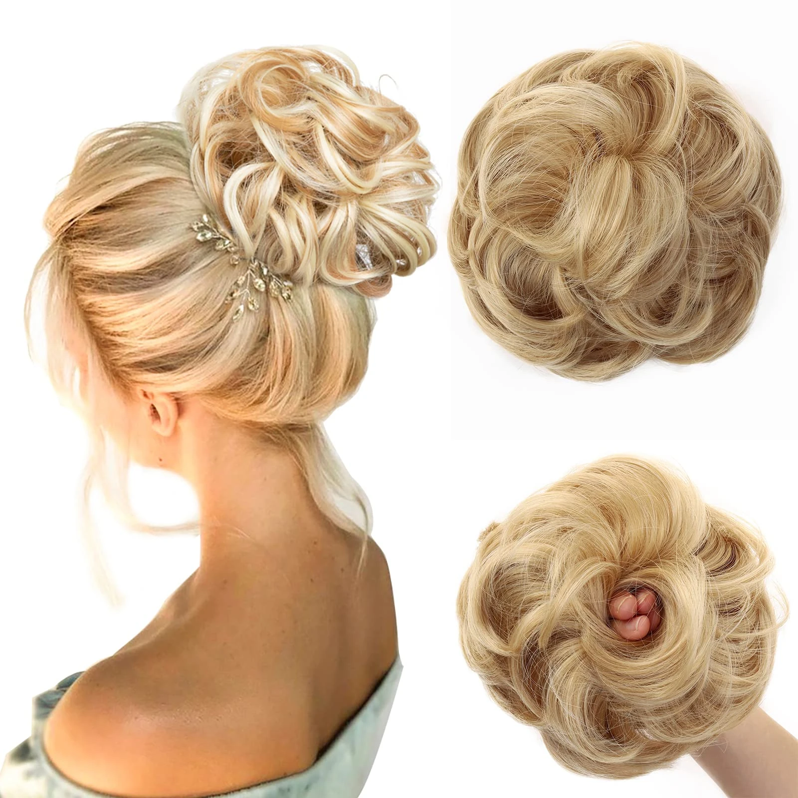 JJstar Messy Hair Bun Curly Wavy Hair Scrunchies Accessories Pieces for Women Girls Synthetic Chignons (Light Honey Blonde)