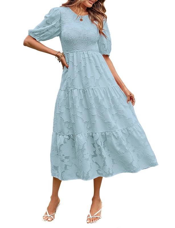 MEROKEETY Women's 2024 Summer Puff Sleeve Smocked Floral Dress Crewneck Lace Flowy Tiered Midi Dresses, Blue, S