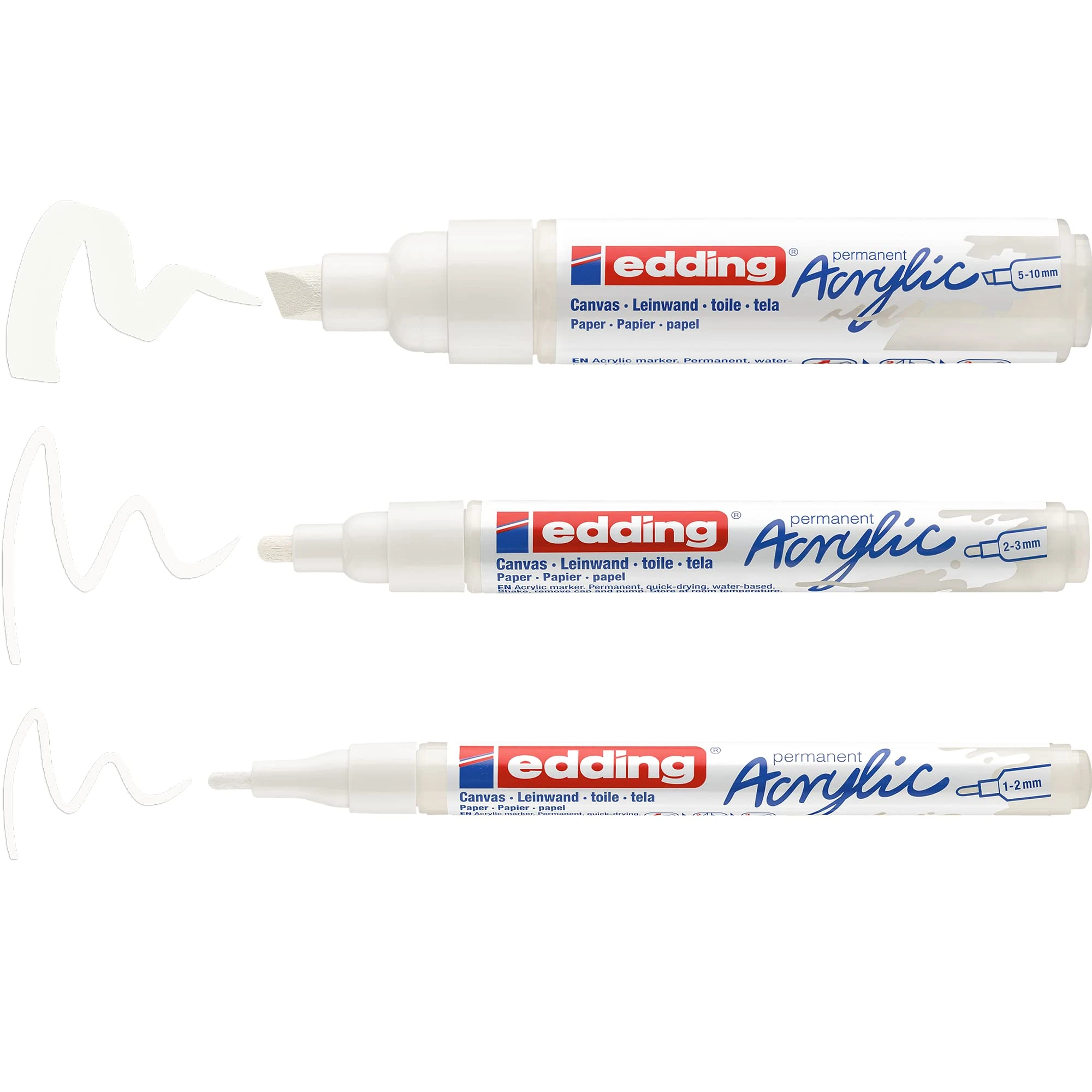 edding acrylic allround white set - white - 3 waterproof acrylic paint marker - fine, medium and broad nibs - acrylic paint pen for drawing on canvas, art paper and wood - acrylic markers for pebbles