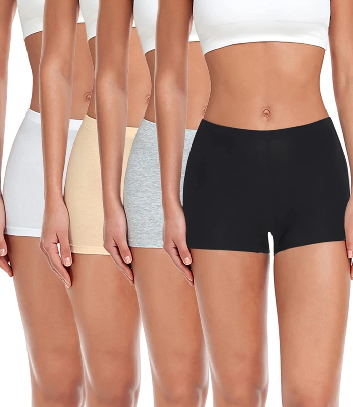 wirarpa Women's Boxers Underwear Cotton Ladies Safety Boy Shorts Under Skirt with Cotton Crotch 4 Pack Black Grey White Beige Size S