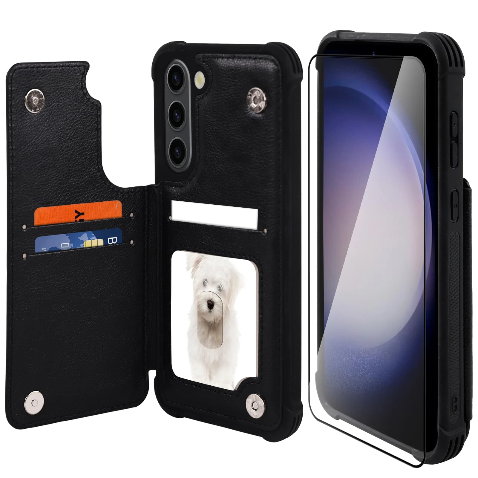 VANAVAGY Wallet Case Compatible for Galaxy S23+ Plus for Women and Men,Leather Flip Folio Phone Cover Fits Magnetic Car Mount with Credit Card Holder,Black