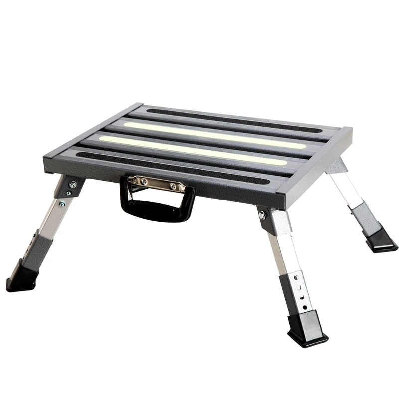 GarfatolRv Rv Steps, 4-Level Adjustable Height Folding Camper Steps, Grey Hammer-Tone Non-Slip Fluorescent Strip Aluminum Platform Rv Accessories, Supports Up to 1000 lbs Handle