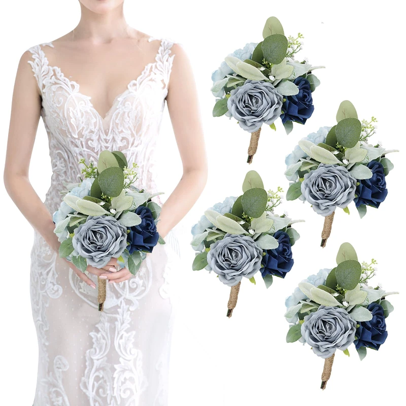 SEMONONIA Artificial Bridesmaid Bouquets - Set of 4 Silk Rose Flowers Bouquet Wedding Rustic Small Floral Centerpieces for Marriage Proposal Party Anniversary Dining Table Decorations - Blue,7 Inch