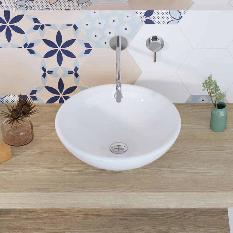 DeerValley DV-1V062 Symmetry White Ceramic Circular Vessel Bathroom Sink with Overflow