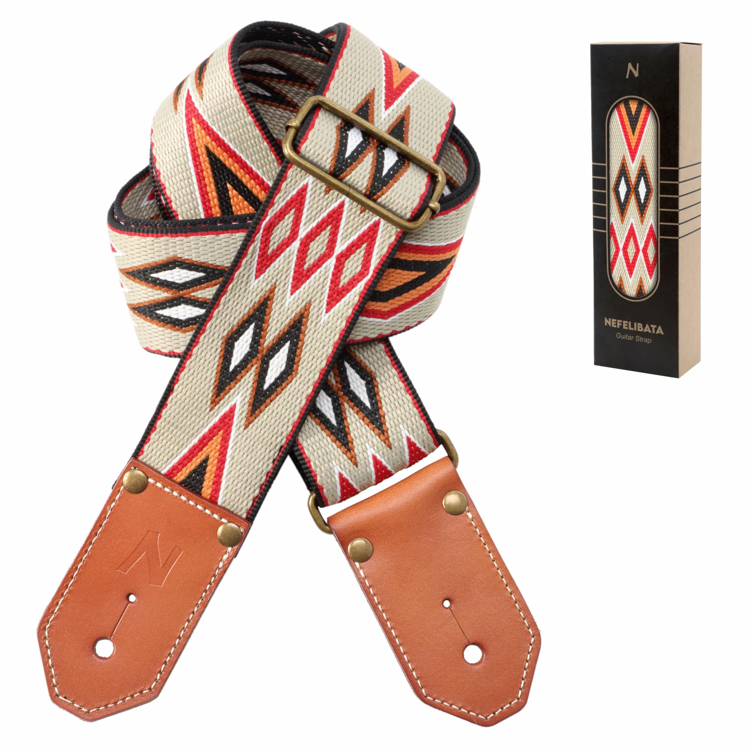 Nefelibata Woven Guitar Strap with Thicked First Layer Vegetable Tanned Cowhide Leather Ends for Acoustic, Bass, Electric, Best Gift for Your Love Guitarists