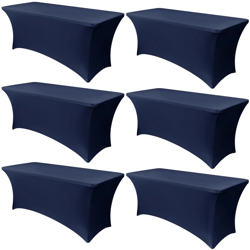 Obstal 6 Pack Stretch Spandex Table covers for 8 foot tables - 8 FT Universal Rectangular Fitted Tablecloth Protector for Wedding, Banquet, Party (Navy, 96 Length x 30 Width x 30 Height Inches)